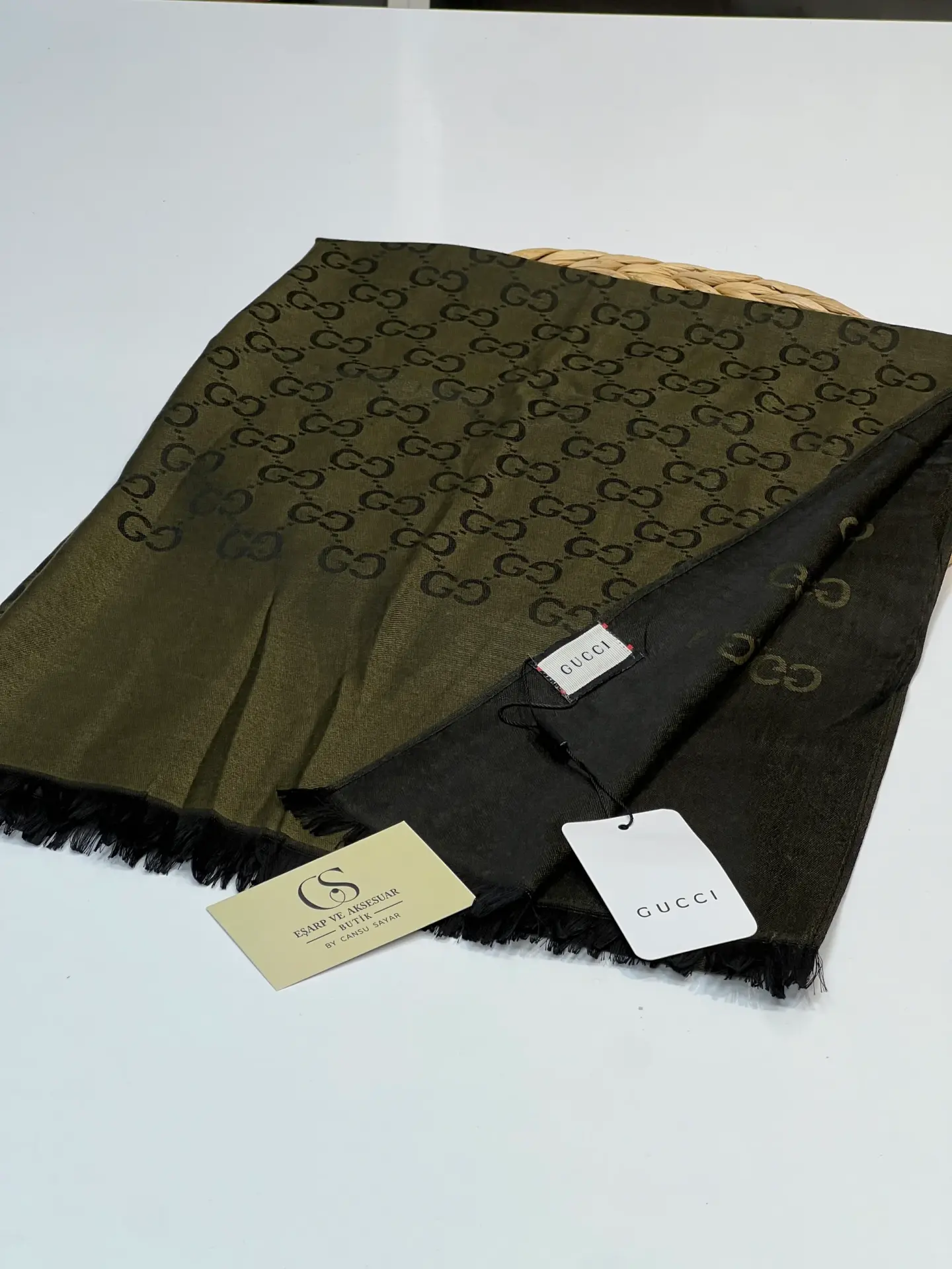 GUCCI KAŞMİR PAMUK İPEK ŞAL 1076 HAKİ YEŞİL -SİYAH