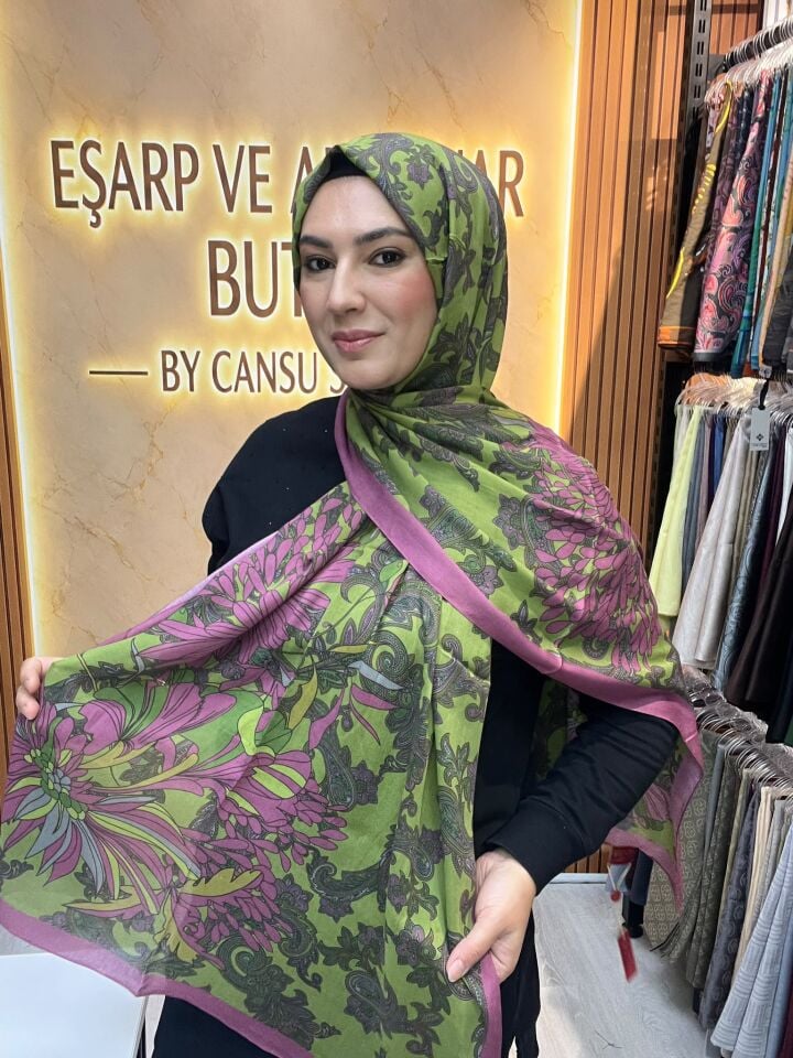 LUVENSARA PAMUK İPEK ŞAL 1227 FUŞYA-YEŞİL