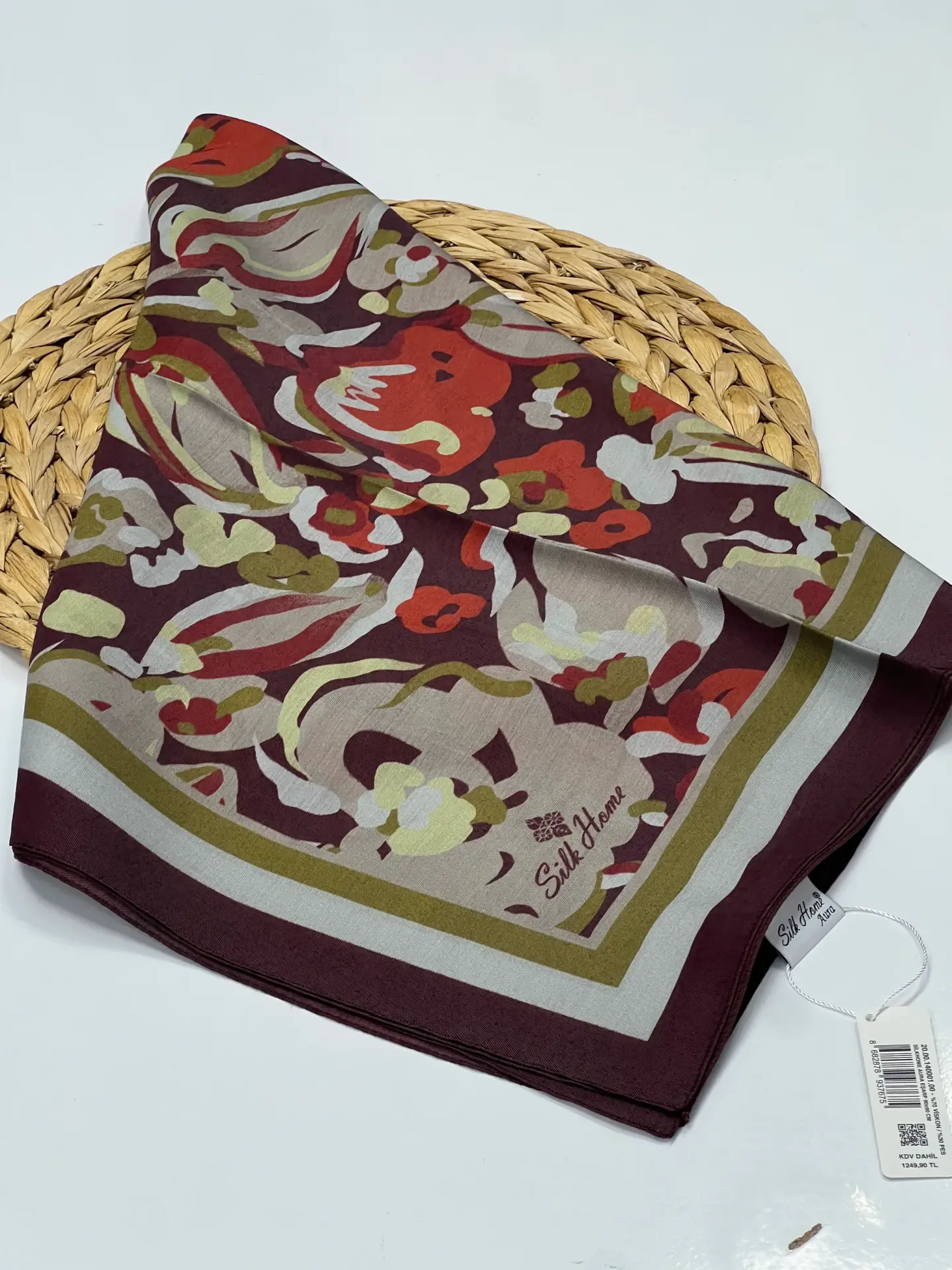 AURA SERİSİ BÜYÜK ÇİÇEK DESEN EŞARP MÜRDÜM-BORDO