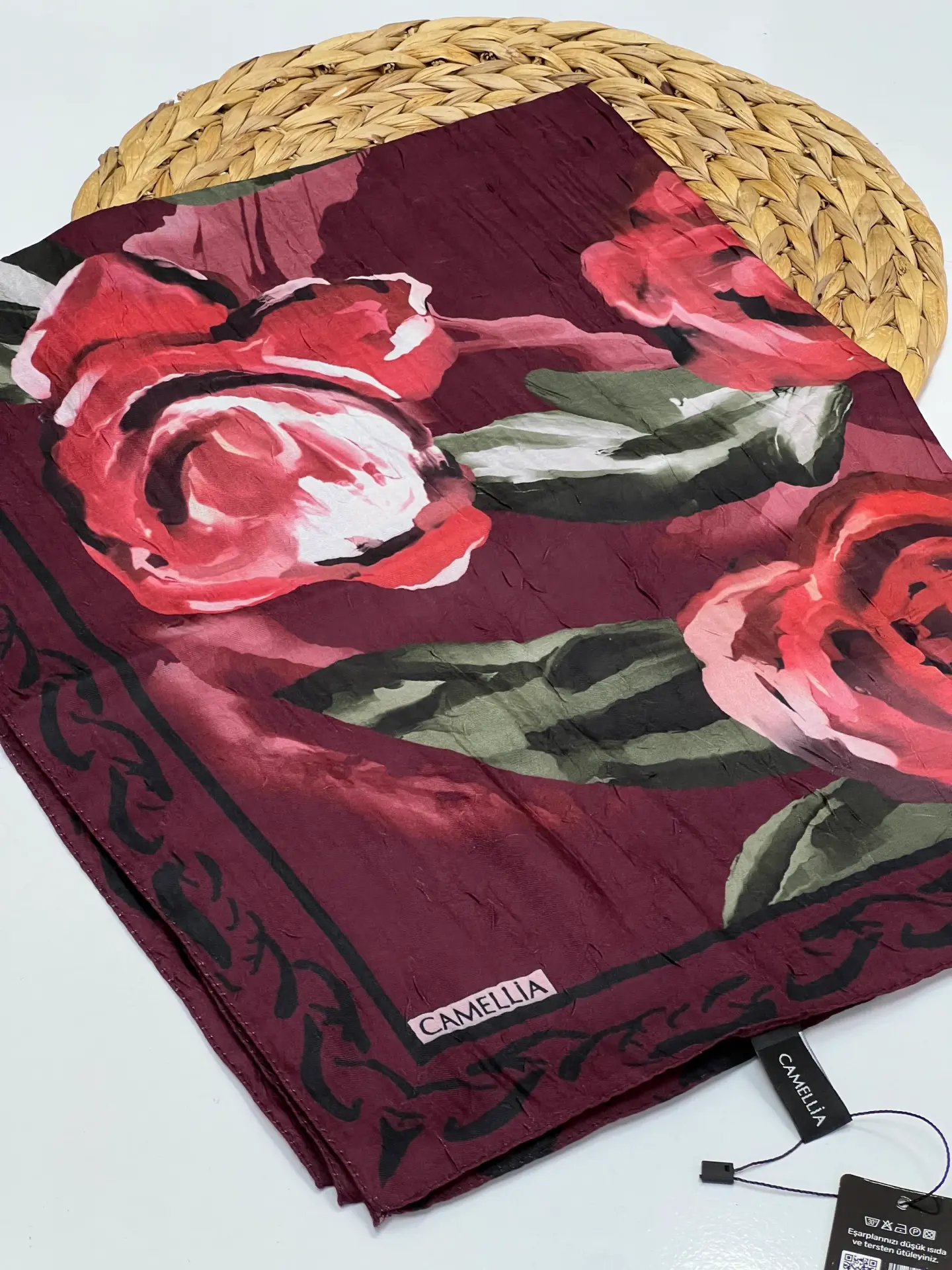 ÇİÇEK DESEN BAMBU KRAŞ ŞAL 2 BORDO 2